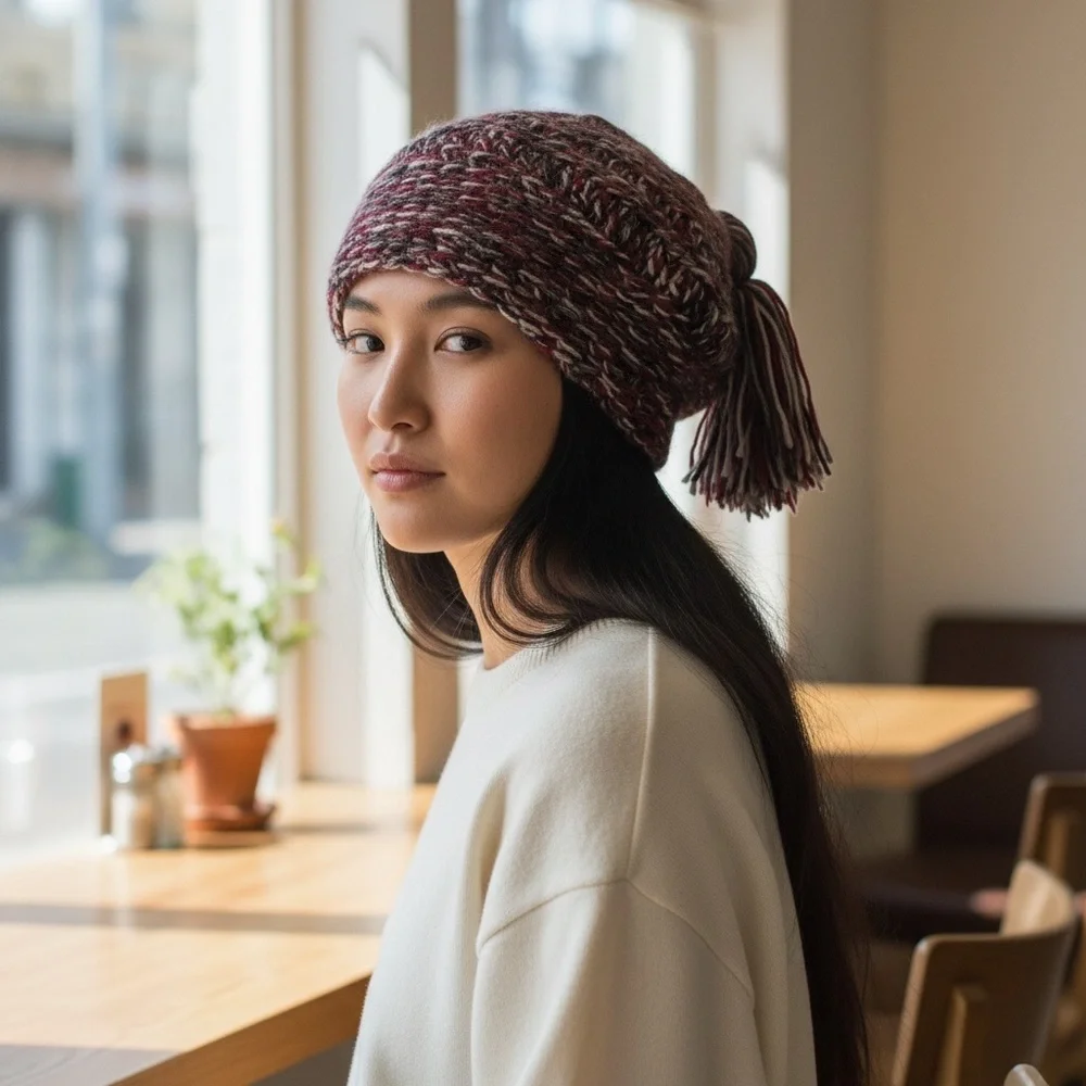 VTG 70s Burgundy Gray Black Chunky Knit Beret Hat w/ Tassel